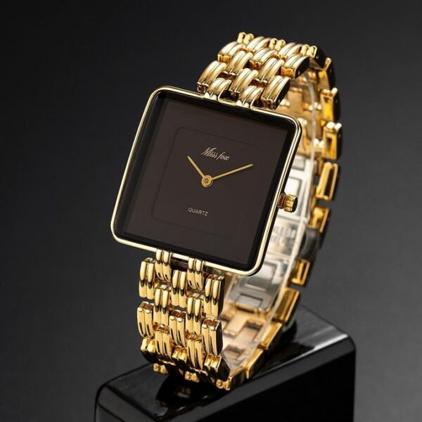 Missfiona MISSFOX 2177 Unisex Luxury Square Black Dial Quartz Watch - Gold